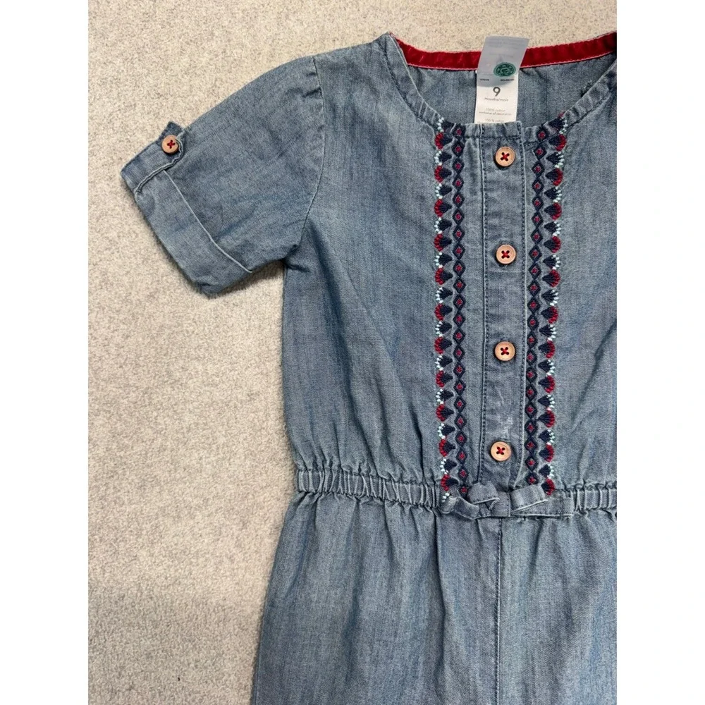 Carter's Baby Girl 9‎ Months Chambray Romper Embroidered Denim Look Jumpsuit